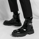 Wexleyjesus Casual Chelsea Boots Men Mid Calf Dress Shoes Business Formal Patent Leather Slip-On Ankle Boots Fashion High Top Leather Shoes