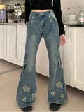 Wexleyjesus Fashion Blue Denim Pants Women Embroidery Star New Design High Waist Slim Bell Bottoms Gyaru Jeans Streetwear Vintage Kpop