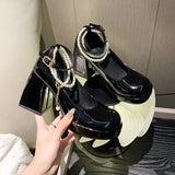 Wexleyjesus New Vintage High Heels Mary Jane Shoes Women Patent Leather Platform Pumps Woman Pearls Chain Thick-Heeled Shoes Female