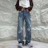 Wexleyjesus Baggy Flower Jeans Men Fashion Oversized Wide Leg Jeans Men Streetwear Hip-hop Loose Straight Denim Pants Mens Trousers S-XL