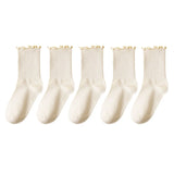 Wexleyjesus 5 pair /Lot Socks for Women Ruffle Cotton Middle Tube Ankle Short Breathable Black White set Spring Autumn