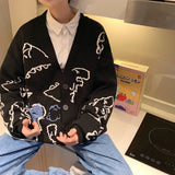 Wexleyjesus Autumn Oversize Cardigan Men Knitted Dinosaur Sweater Streetwear Loose Male Women Coat Doodle Hip Hop Pattern Winter