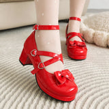 Wexleyjesus Plus Size 34-48 Women Lolita Cosplay Shoes Girls Sweet Bows Heart-Shaped Buckle Platform Cross Strap Block Heel Mary Jane Pumps