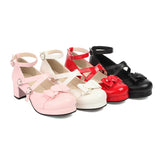 Wexleyjesus Plus Size 34-48 Women Lolita Cosplay Shoes Girls Sweet Bows Heart-Shaped Buckle Platform Cross Strap Block Heel Mary Jane Pumps