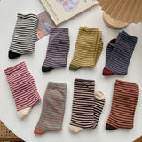 Wexleyjesus Retro Striped Socks Children's Women Medium Tube Socks Spring and Autumn Cotton Stockings Korean Stockings Japanese Socken