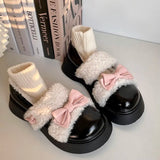 Wexleyjesus Winter Women Warm Platform Fur Shoes Butterfly-knot Decoration Lolita PU Leather Round Head Retro Chunky Casual Cute Shoes 35-40