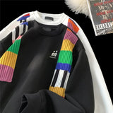 Wexleyjesus Rainbow Knit Patchwork Sweatshirts Trend Embroidery Crew-neck Men Women Pullover Sweatshirt Streetwear Coouple Clothing Casual