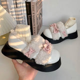 Wexleyjesus Winter Women Warm Platform Fur Shoes Butterfly-knot Decoration Lolita PU Leather Round Head Retro Chunky Casual Cute Shoes 35-40