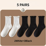 Wexleyjesus 5 pair /Lot Socks for Women Ruffle Cotton Middle Tube Ankle Short Breathable Black White set Spring Autumn