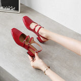 Wexleyjesus  New Fashion Square Toe Low Heels Pumps Patent Leather Wrap Burgundy Shoes for Women