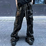 Wexleyjesus RO Style Glossy Black Pu Leather Pants for Men High Street Y2k Pantalones Hombre Baggy Overall Wide Leg Drawstring Cargo