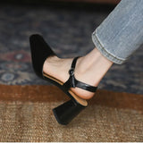 Wexleyjesus Women Pumps One Strap Ladies Shoes Retro Style High Heel Elegant Women Sandal Square Toe Spring Atumn Real Leather Dress Shoes