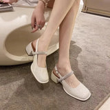 Wexleyjesus Jane Sandals Elastic Band Shoes Closed Toe 2024 Women's Suit Female Beige Strappy Heels Slip-on New Square Fashion Black