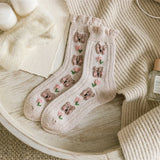 Wexleyjesus Warm Woman Socks Fashion Floral Embroidery Yellow Frilly Socks Women Harajuku Retro Wool Cashmere Thermal Warm Socks Women