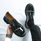 Wexleyjesus Men's Black Formal Shoes Lace Up Artificial Patent Leather Business Shoes With Thick Sole