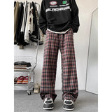 Wexleyjesus England Style Red Plaid Pants Men's Trousers Spring Autumn Drape Straight-leg Pants Loose Comfortable Home Casual Pants