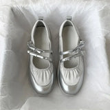 Wexleyjesus Silver Mary Jane Shoes for Women Sneakers New 2024 Fashion Bowknot Belt Buckle Casual Shoes Soft Leather Platform Walking Flats