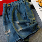 Wexleyjesus Summer Ripped Distressed Denim Shorts Men‘s Loose Casual High Street Personalized Wide-leg Five-point Pants Male Clothes