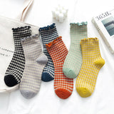 Wexleyjesus Korean Retro Plaid Lace Mid-tube Socks Girl Fungus Edge Color Lolita Cotton Socks Cute Socks  Socks Woman