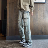 Wexleyjesus Harajuku Muti-pockets Cargo Jeans Men's Washed Patchwork Straight Casual Trousers Couple Streetwear Loose Fashion Pants