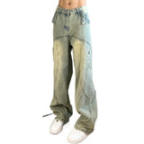 Wexleyjesus Vintage Split Wide Jeans for Men Yellow Mud Dyed Washed Distressed Wide Leg Jeans Denim Pant y2k baggy jeans cargo pants men