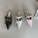 Wexleyjesus Casual Women Slippers Pointed Toe Black White Pink Bow Design Shallow Slip On Mules Shoes Thin Low Heels Summer Outside Pumps