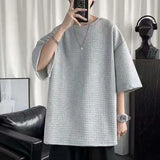 Wexleyjesus Waffle T-shirt Men's Large Size Summer Loose O-neck Short-sleeved Top Men Five-quarter Sleeves Ins Casual Comfortable T-shirt