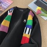 Wexleyjesus Rainbow Knit Patchwork Sweatshirts Trend Embroidery Crew-neck Men Women Pullover Sweatshirt Streetwear Coouple Clothing Casual