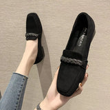 Wexleyjesus    Autumn Winter Women Loafers Low Heels Boat Shoes Square Toe Dress Shoes Chain Faux Suede Plush Warm Ladies Shoes Plus Size