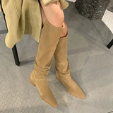 Wexleyjesus Cow Suede Winter Botas French Style Spring Autumn Woman Boots Square Toe Knee- High Boots Woman Slip On Simple Pleated  Shoes