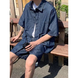 Wexleyjesus Japanese Style Temperament High-end Sense Cargo Short-sleeved Denim Shirt Top Shorts Men's Summer Fashion Casual Two-piece Set