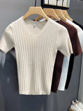 Wexleyjesus  New Summer Men T-shirt Knitted Short Sleeves Top Sweater Men's Solid Color V-neck Pullover Thin Slim Knitted Tees A73