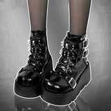 Wexleyjesus  Rivets Decor Chunky Platform Punk Ankle Boots WomenWinter Pu Leather Black Boots Woman Metal Buckle Gothic Shoes