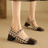 Wexleyjesus 2024 New Women Retro Houndstooth Mary Janes Pumps Patent Leather Buckle Strap Block Thick Heeled Shoes Ladies Dress Spring 33-48