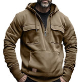 Wexleyjesus  Men Hoodie Drawstring Sweatshirt Loose Pockets Long Sleeve Big Patch Pocket Half Zipper Elastic Cuff Men Pullover Top