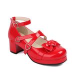 Wexleyjesus Plus Size 34-48 Women Lolita Cosplay Shoes Girls Sweet Bows Heart-Shaped Buckle Platform Cross Strap Block Heel Mary Jane Pumps