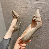 Wexleyjesus 7cm New Fashion Pointed Toe Hemp Pumps High Heels Ladies Dress for Women Black Shoes