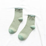 Wexleyjesus Korean Retro Plaid Lace Mid-tube Socks Girl Fungus Edge Color Lolita Cotton Socks Cute Socks  Socks Woman