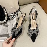 Wexleyjesus  Shiny Crystal Bowtie Pumps Women Fashion Ankle Strap High Heels Party Shoes Woman  Summer Pointed Toe Sandals Mujer