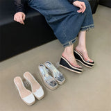 Wexleyjesus Transparent Women Slippers Slides Wedge High Heels Slip On Jelly Shoes Fashion Outside Weave Design Party Pumps Shoes Woman 39