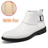 Wexleyjesus British Style Chelsea Boots for Men Side Zipper Leather Man Ankel Boots Slip on Business Dress Shoes Warm Plush Fur Winter Boots