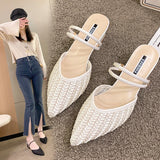 Wexleyjesus String Bead Slippers Casual Square heel Shoes Women Heels Pointed Toe Slides Med Pantofle Luxury Block High Cover  PU Spring