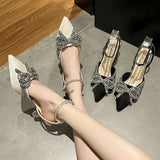 Wexleyjesus  Shiny Crystal Bowtie Pumps Women Fashion Ankle Strap High Heels Party Shoes Woman  Summer Pointed Toe Sandals Mujer