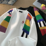 Wexleyjesus Rainbow Knit Patchwork Sweatshirts Trend Embroidery Crew-neck Men Women Pullover Sweatshirt Streetwear Coouple Clothing Casual