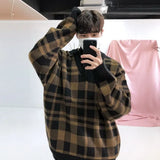 Wexleyjesus Retro Sweater Autumn Winter Plaid V-neck Loose Men's Long Sleeves Pullover Casual Daily Knitted Sweaters Tops