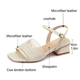 Wexleyjesus Women's New Spring/summer Square Toe Leather Cowhide Metal Elastic Buckle Mid Heel Oversized Open Toe Sandals