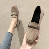 Wexleyjesus    Autumn Winter Women Loafers Low Heels Boat Shoes Square Toe Dress Shoes Chain Faux Suede Plush Warm Ladies Shoes Plus Size