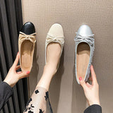 Wexleyjesus Elegant Round Toe Bowtie Flats Women Mixed Color Shoes Office Ladies Dress Slip On Moccasins Femme Cozy Loafers Silver Ballerina