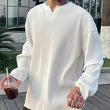 Wexleyjesus Spring White V-Neck Pleated Stripe T-Shirt Men Large Size Silky Soft Long Sleeved T-Shirt Summer Loose Bottomed Shirt