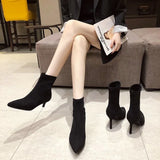 Wexleyjesus Luxury Women Beige Black Sock Boots Stiletto Thin High Heels Elastic knitting Boots Winter Stretch Fabric Boots Plus Size